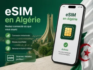 Smartphone affichant l'activation d'une eSIM en Algérie avec le Monument des Martyrs d'Alger en arrière-plan — Scannez, installez, profitez Activer une eSIM en Algérie sur smartphone 2026