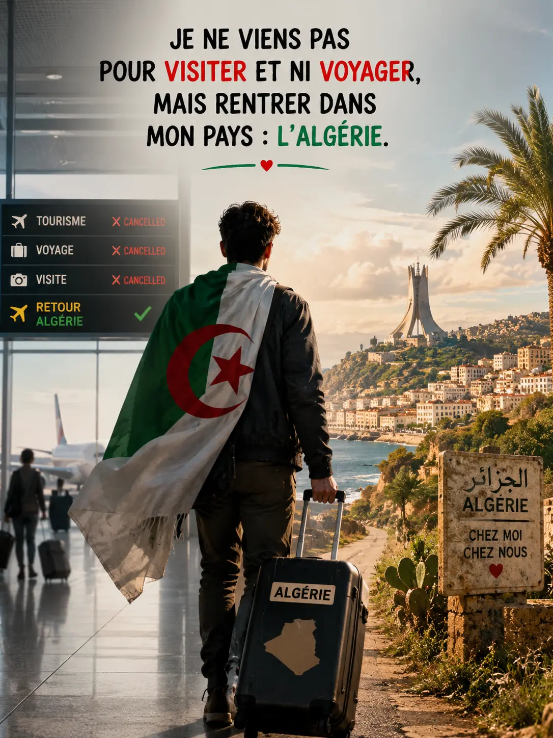 Retour en Algérie - Homme avec drapeau algérien et valise "Algérie" marchant vers la mer — panneau "Algérie, Chez moi, Chez nous" — guide retour diaspora algérienne 2026